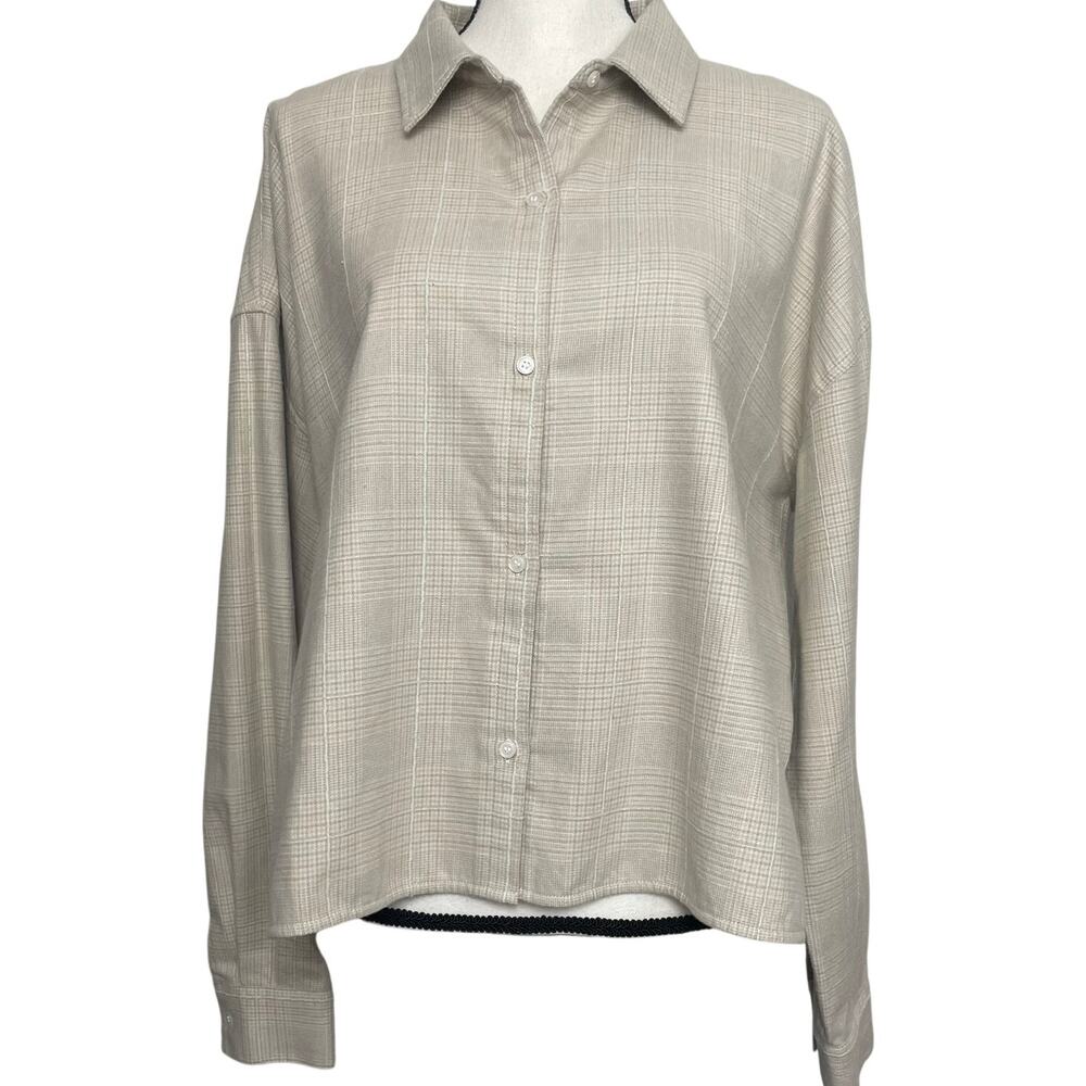 Tuckernut Cream Plaid Button Down Long Sleeve Top XXL Cropped 100% Cotton